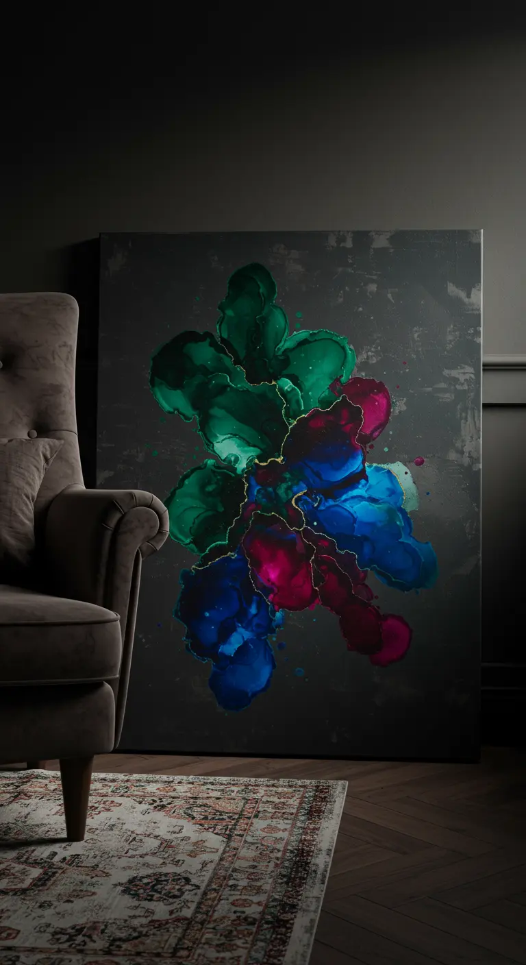 Cuadro oscuro con manchas de tinta de alcohol en verde, azul y fucsia, con detalles dorados.