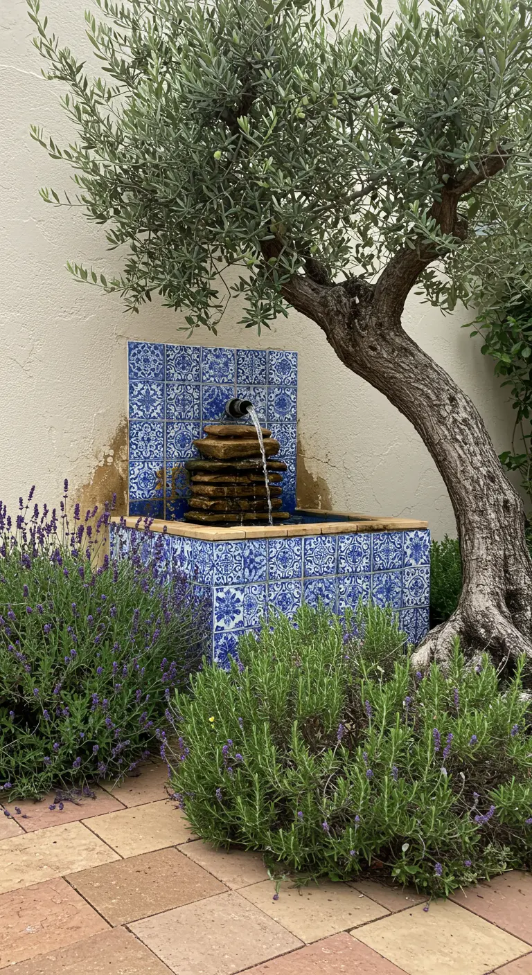 Pequeña fuente de pared decorada con azulejos azules y blancos, junto a un olivo y lavanda.