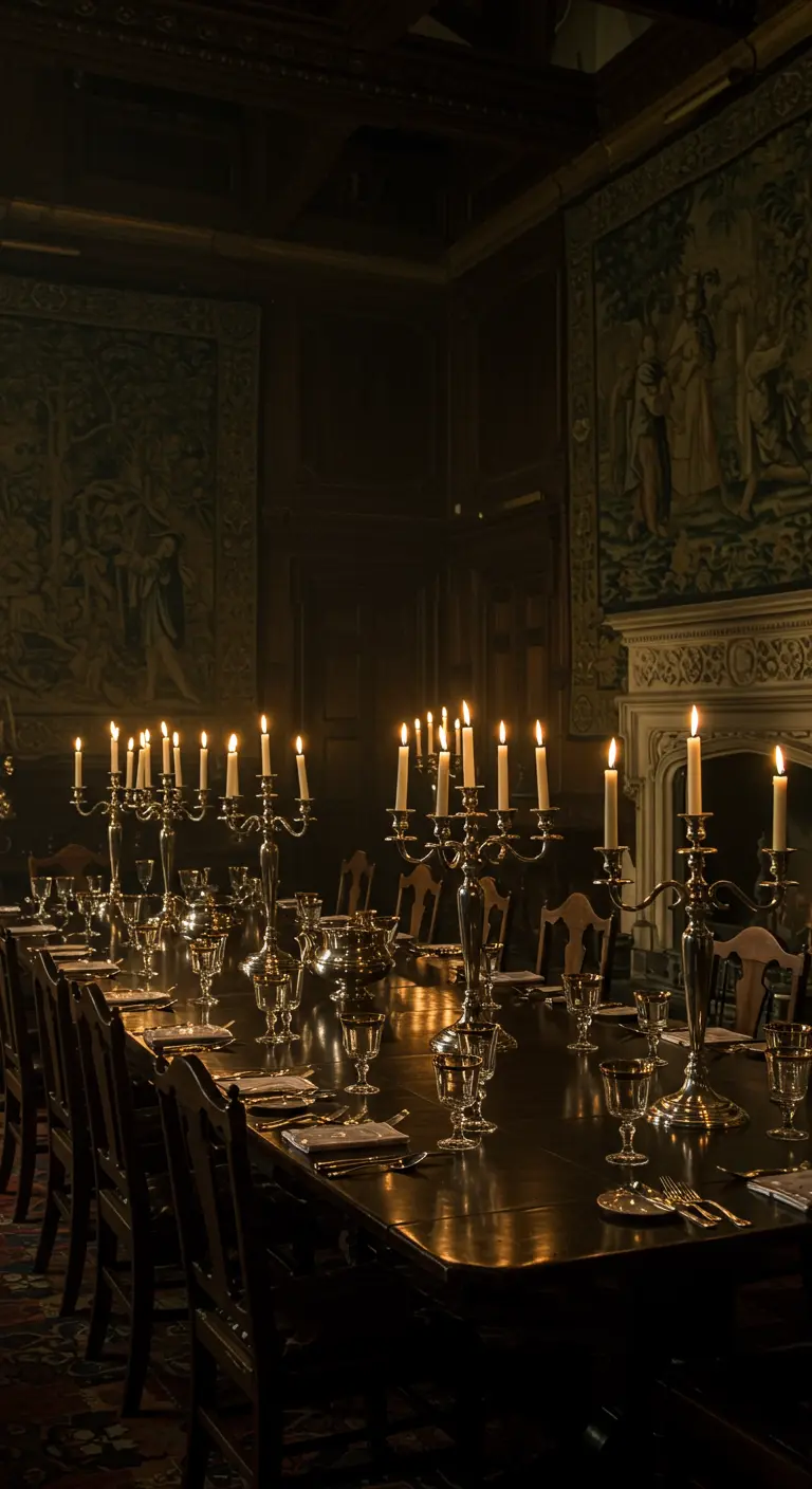 Comedor oscuro y atmosférico iluminado únicamente por una gran cantidad de velas en candelabros de plata.