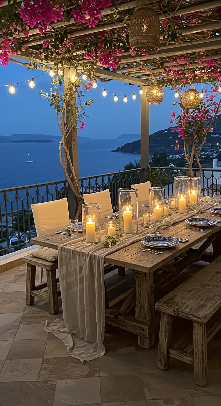 Terraza con mesa rústica de madera, velas y buganvillas frente al mar al atardecer.