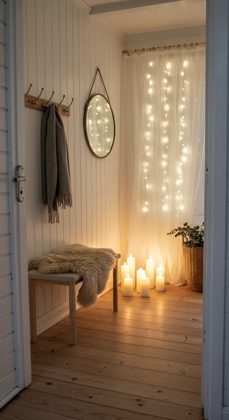 Entrada escandinava con pared de lamas blancas, banco, velas y cortina con luces.