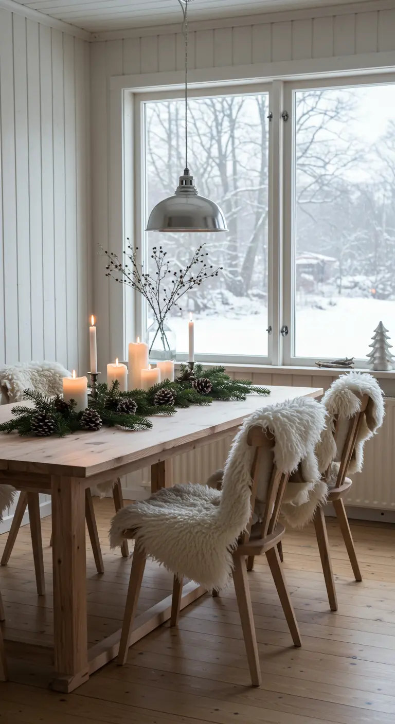 Mesa de comedor decorada para el invierno con velas, ramas de pino y pieles en las sillas.