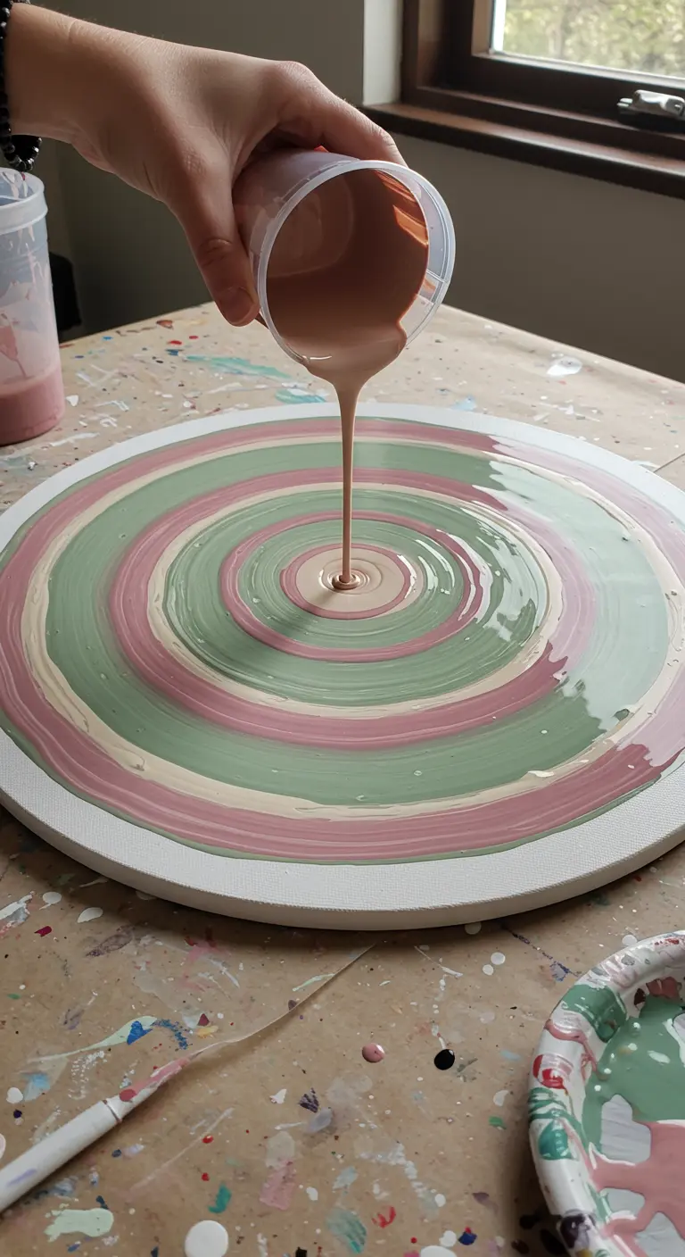 Mano vertiendo pintura en círculos concéntricos sobre un lienzo redondo