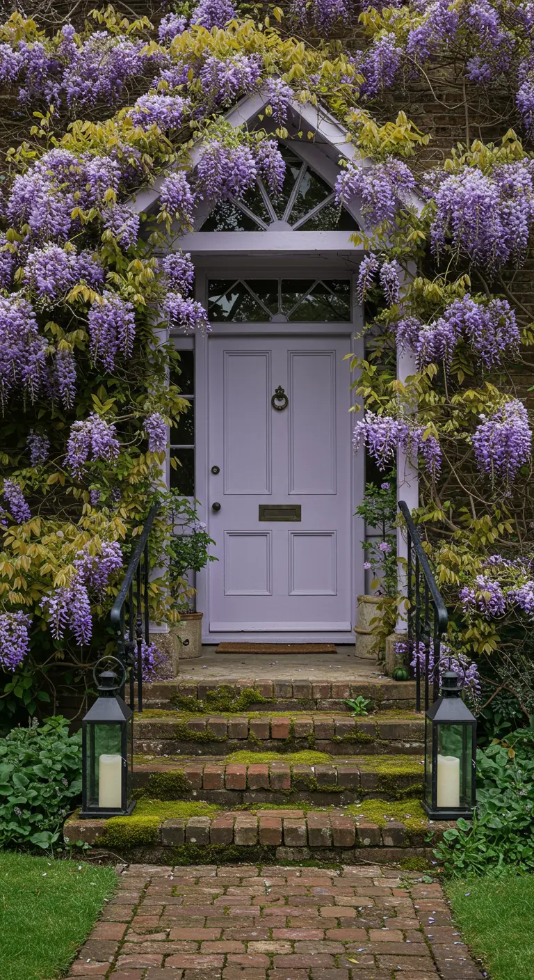 Puerta lila completamente cubierta por una cascada de flores de glicina moradas.