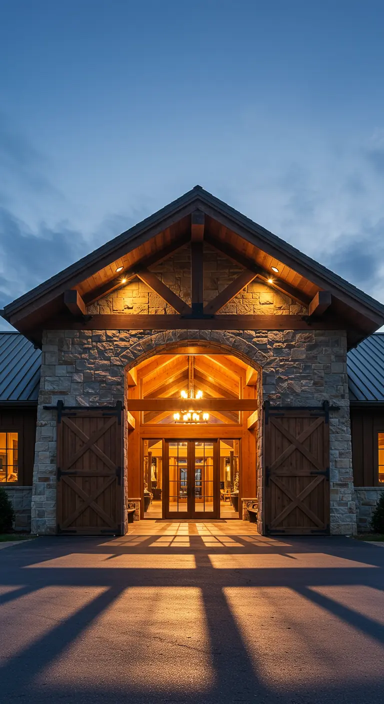 Impresionante entrada de piedra y madera de noche, con una iluminación cálida que resalta la arquitectura.