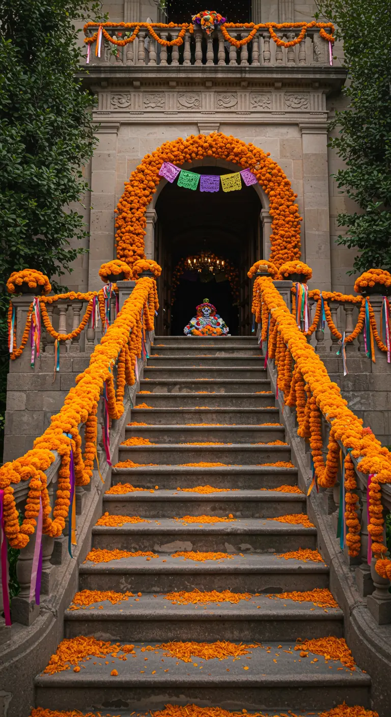 Gran escalera de piedra de una hacienda decorada con guirnaldas masivas de cempasúchil.