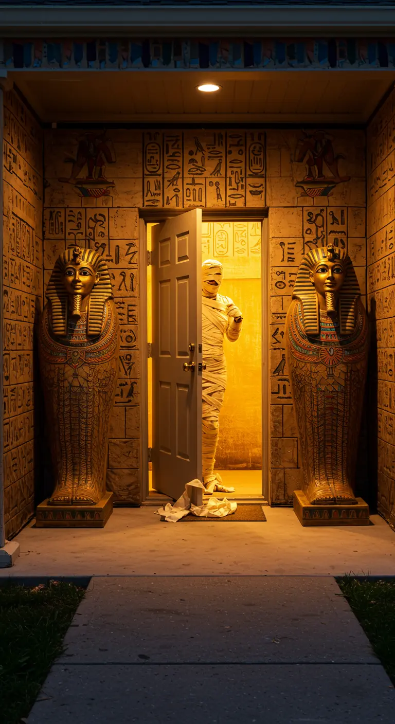 Entrada de porche convertida en una tumba egipcia con sarcófagos y una momia asomándose.