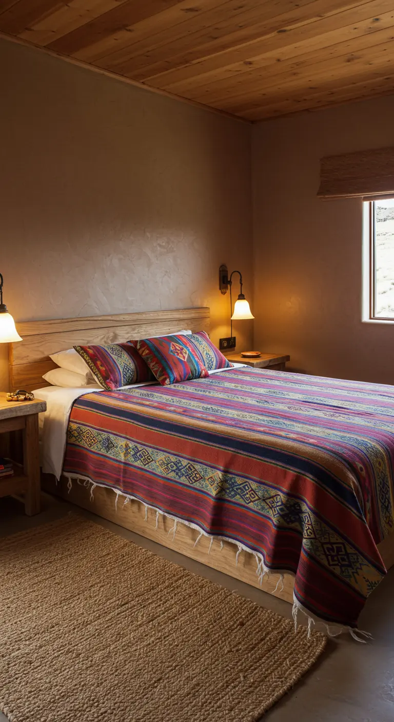 Cama de madera con una gran manta tejida a mano con coloridos patrones geométricos andinos.