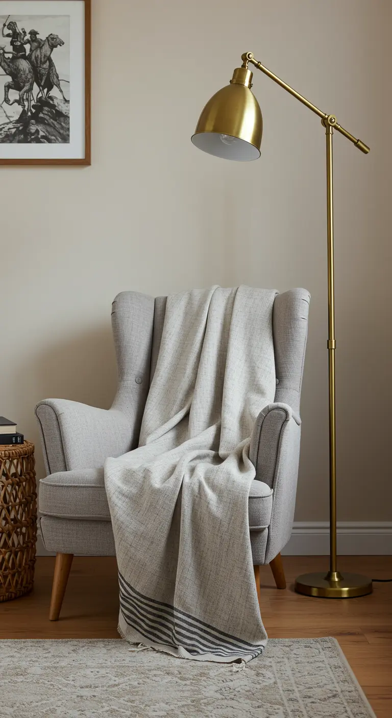 Sillón gris con una manta de algodón a rayas de estilo etíope y una lámpara dorada.