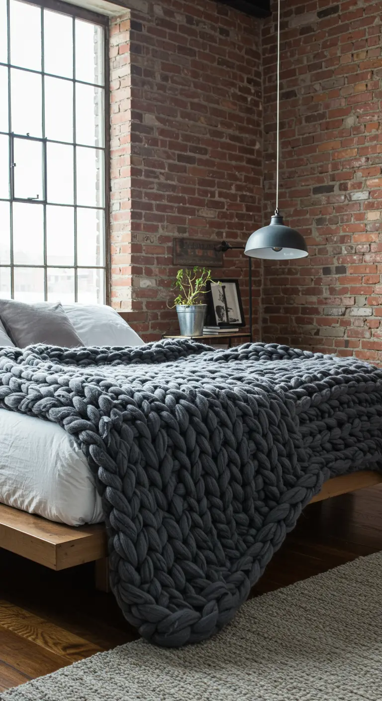Cama de estilo industrial con una enorme manta de punto grueso XXL en color gris oscuro.