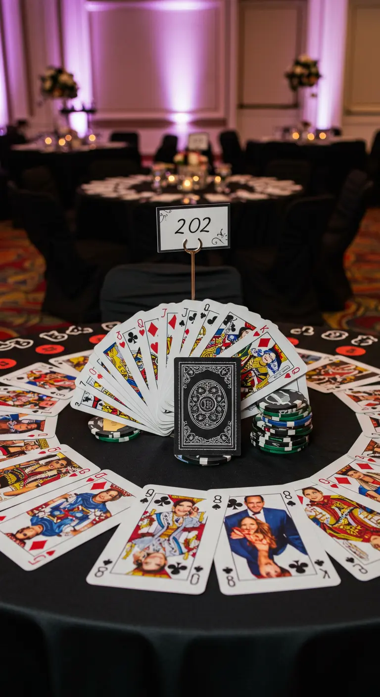 Centro de mesa de casino con cartas de póker personalizadas con las caras de los novios.