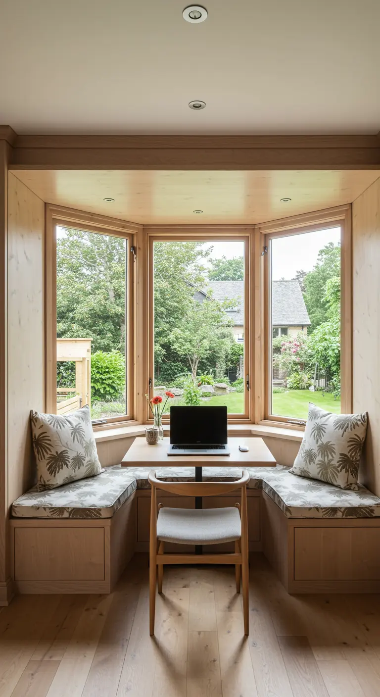 Rincón de oficina en una ventana saliente con un escritorio y bancos con cojines estampados.