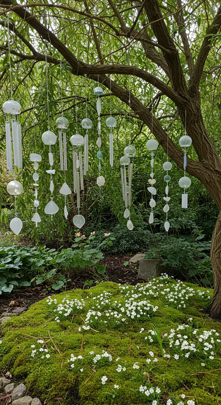 Varios móviles de viento hechos de cristal y piedras claras colgando de la rama de un árbol.