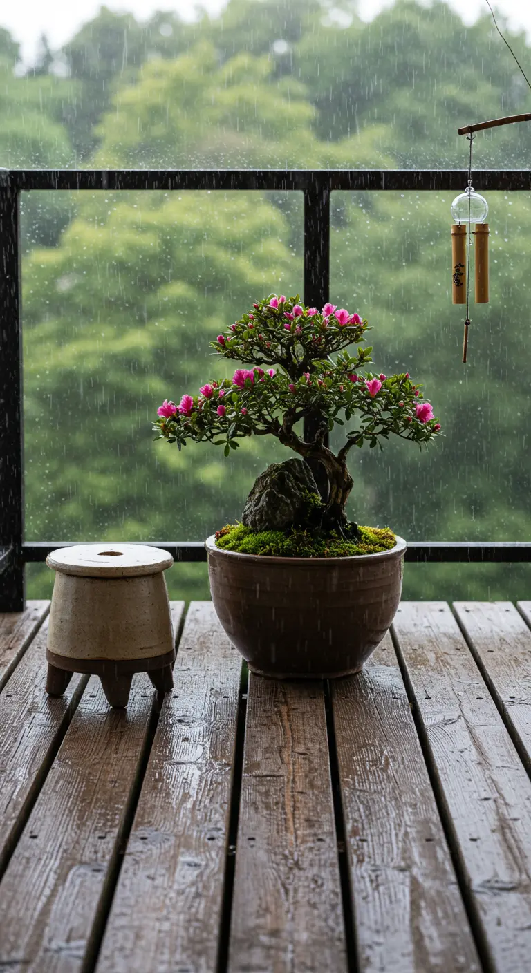Bonsái de azalea en flor sobre un suelo de madera mojado, con campanillas de viento.
