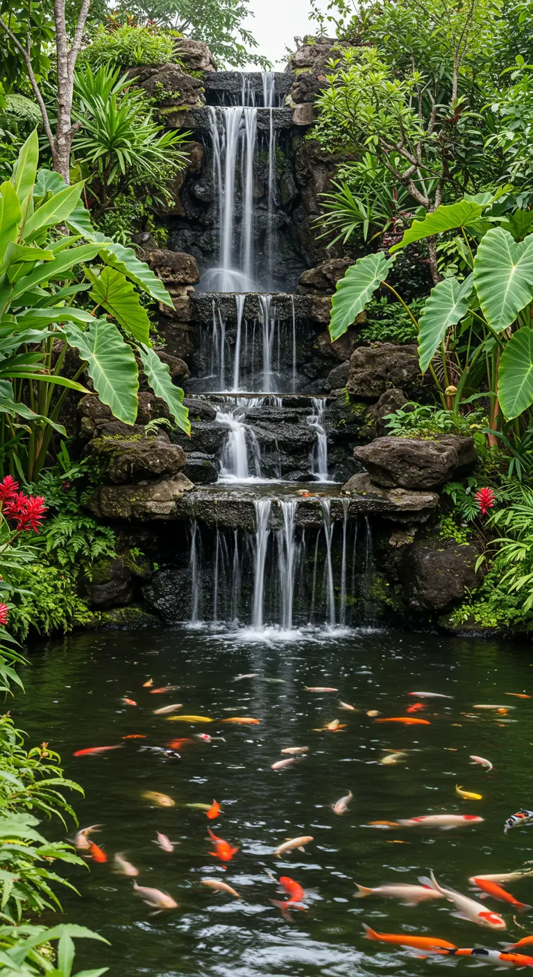 Cascada de varios niveles que desemboca en un estanque con peces koi en un jardín tropical.