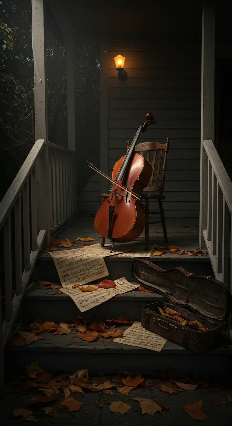 Un violonchelo apoyado en una silla en un porche oscuro, rodeado de partituras y hojas secas.