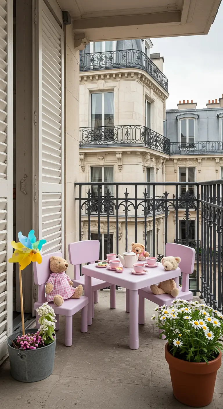 Una mesa de merienda infantil de color lila en un balcón con ositos de peluche sentados