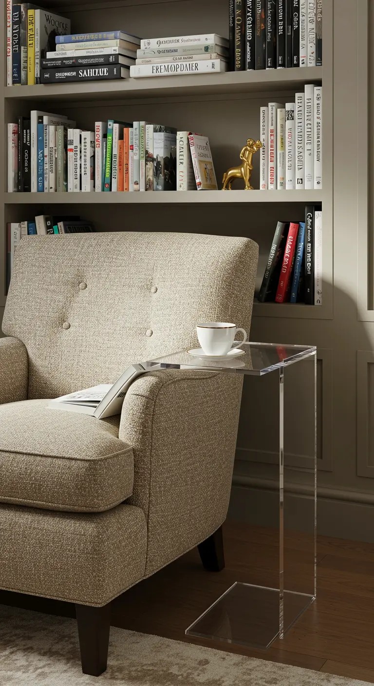 Mesa auxiliar de acrílico en forma de C sobre un sillón de tela beige con una taza de café