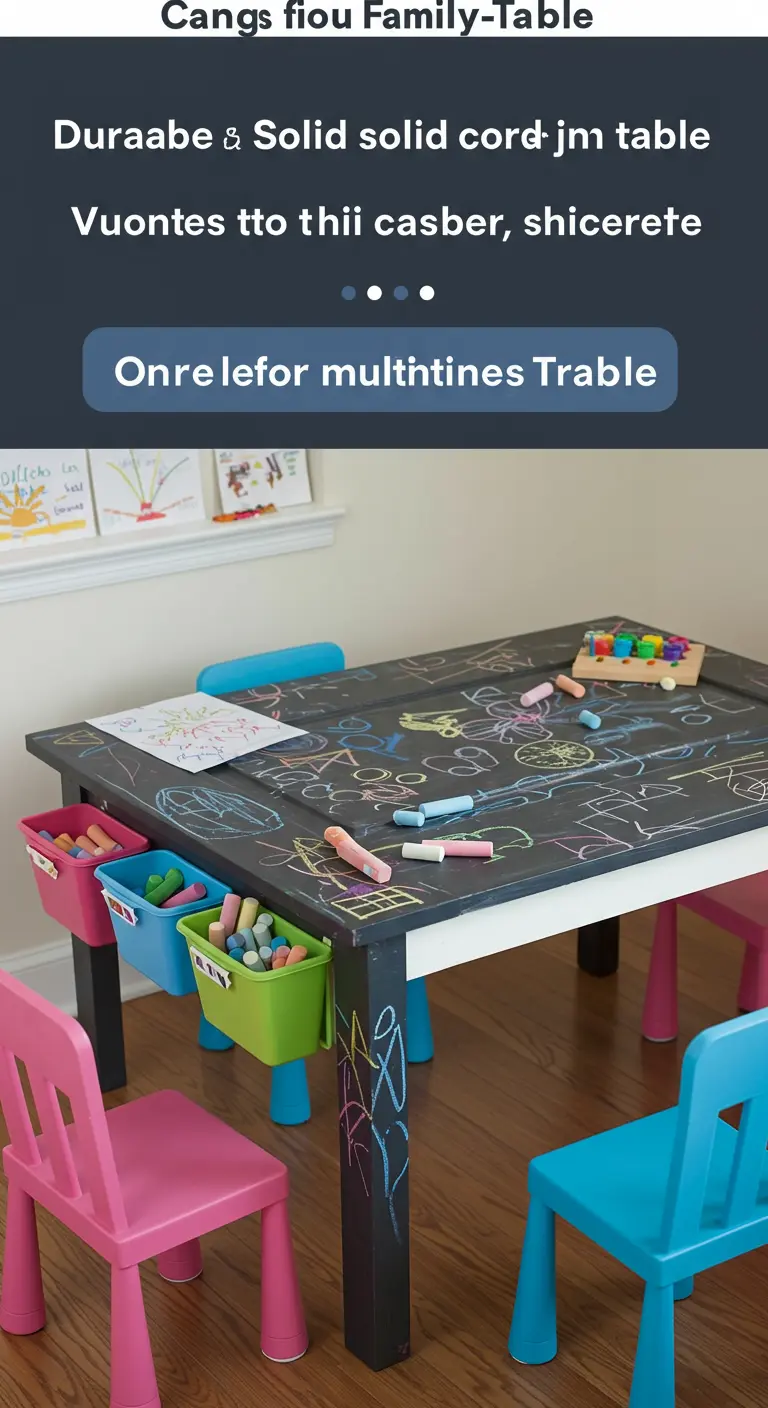 Mesa infantil hecha con una puerta pintada de pizarra, con sillas y tizas de colores.