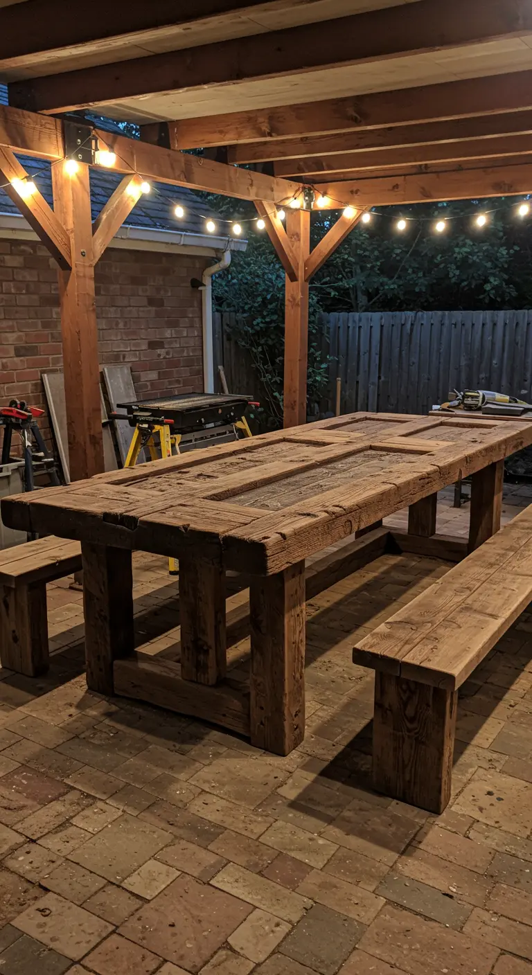 Mesa de comedor exterior de madera rústica bajo una pérgola con luces colgantes.