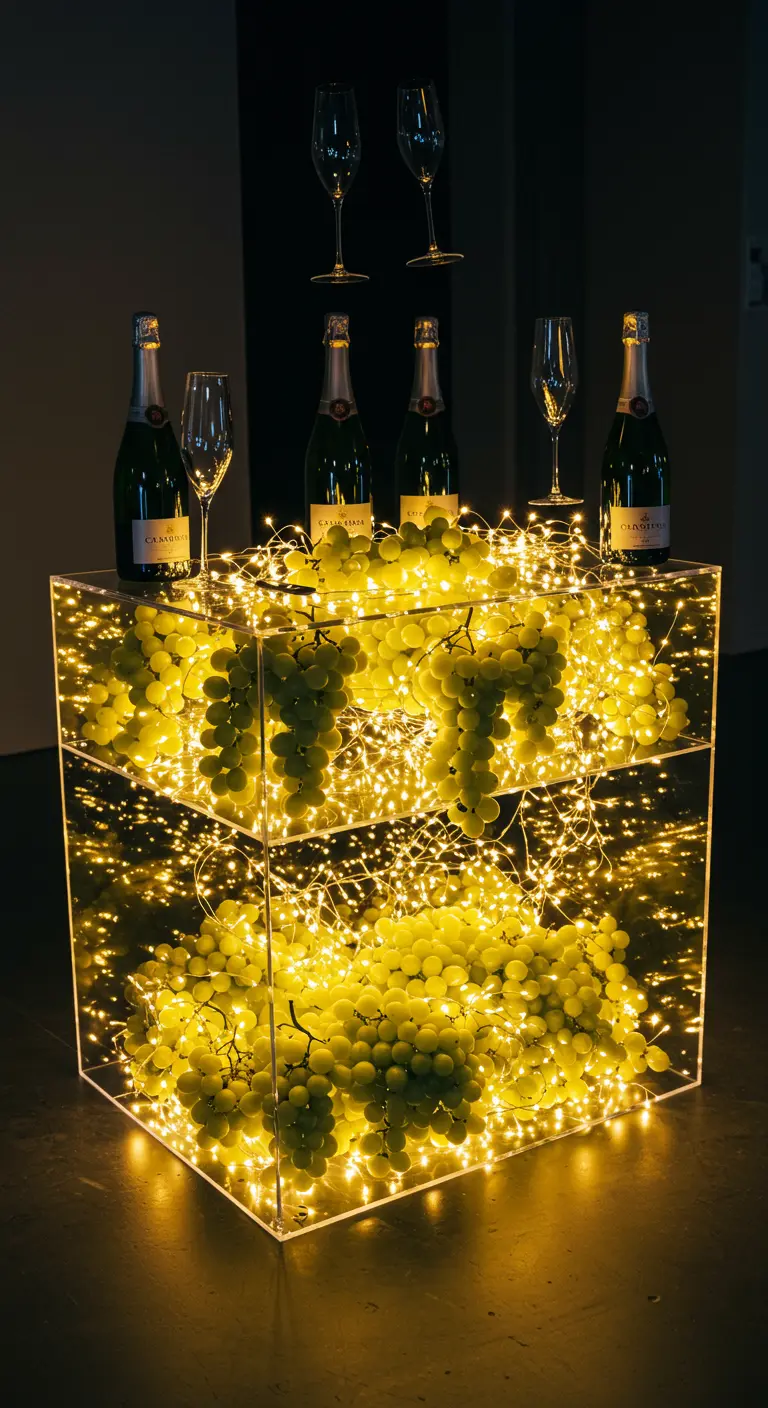 Cubo de acrílico iluminado desde adentro con luces de hadas y lleno de uvas verdes.