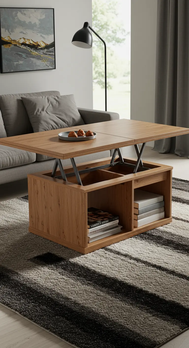 Mesa de centro elevable de madera de roble con compartimentos de almacenaje interiores.