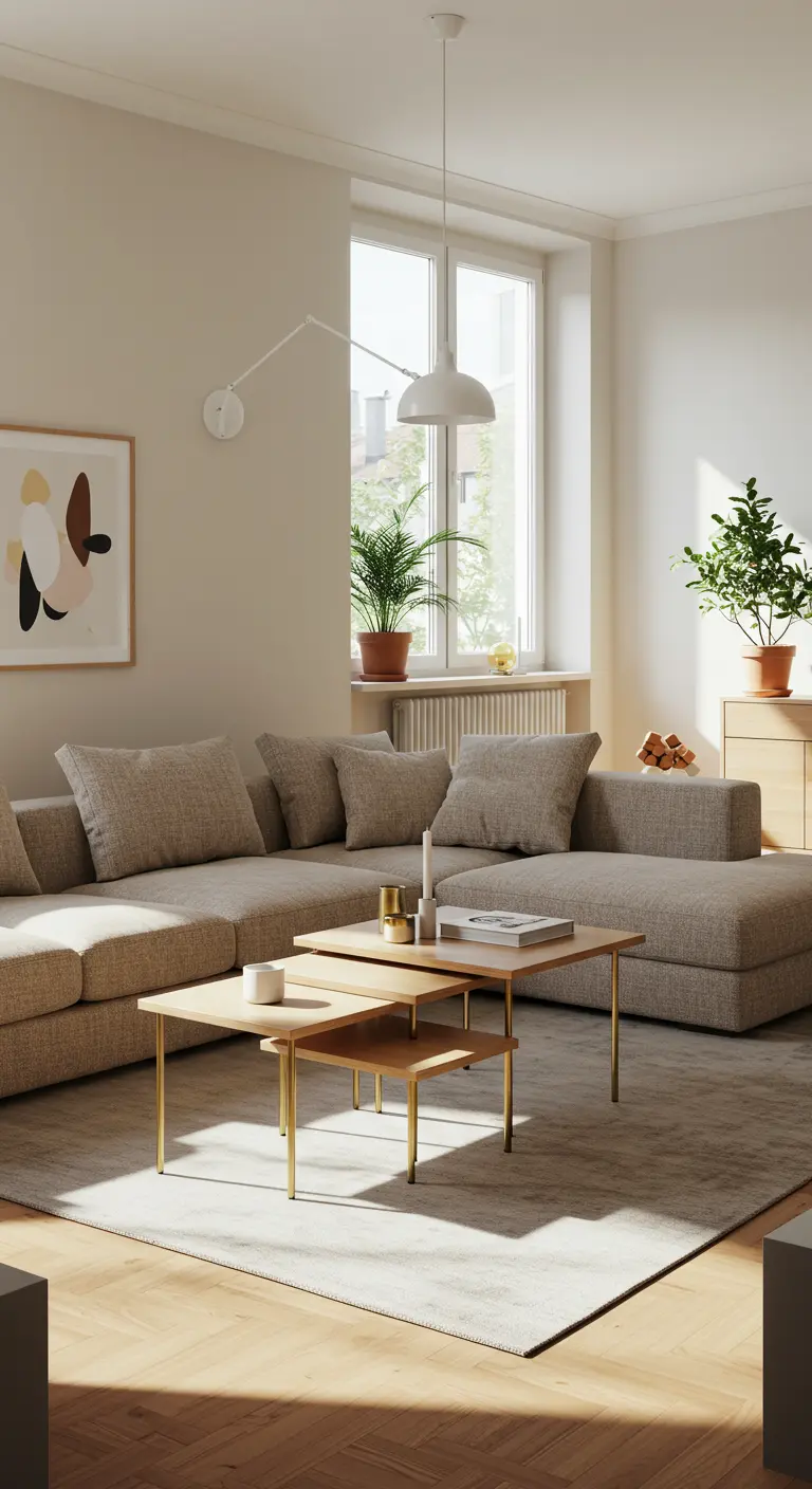 Salón luminoso con sofá modular gris y mesas de centro anidadas de madera y metal.