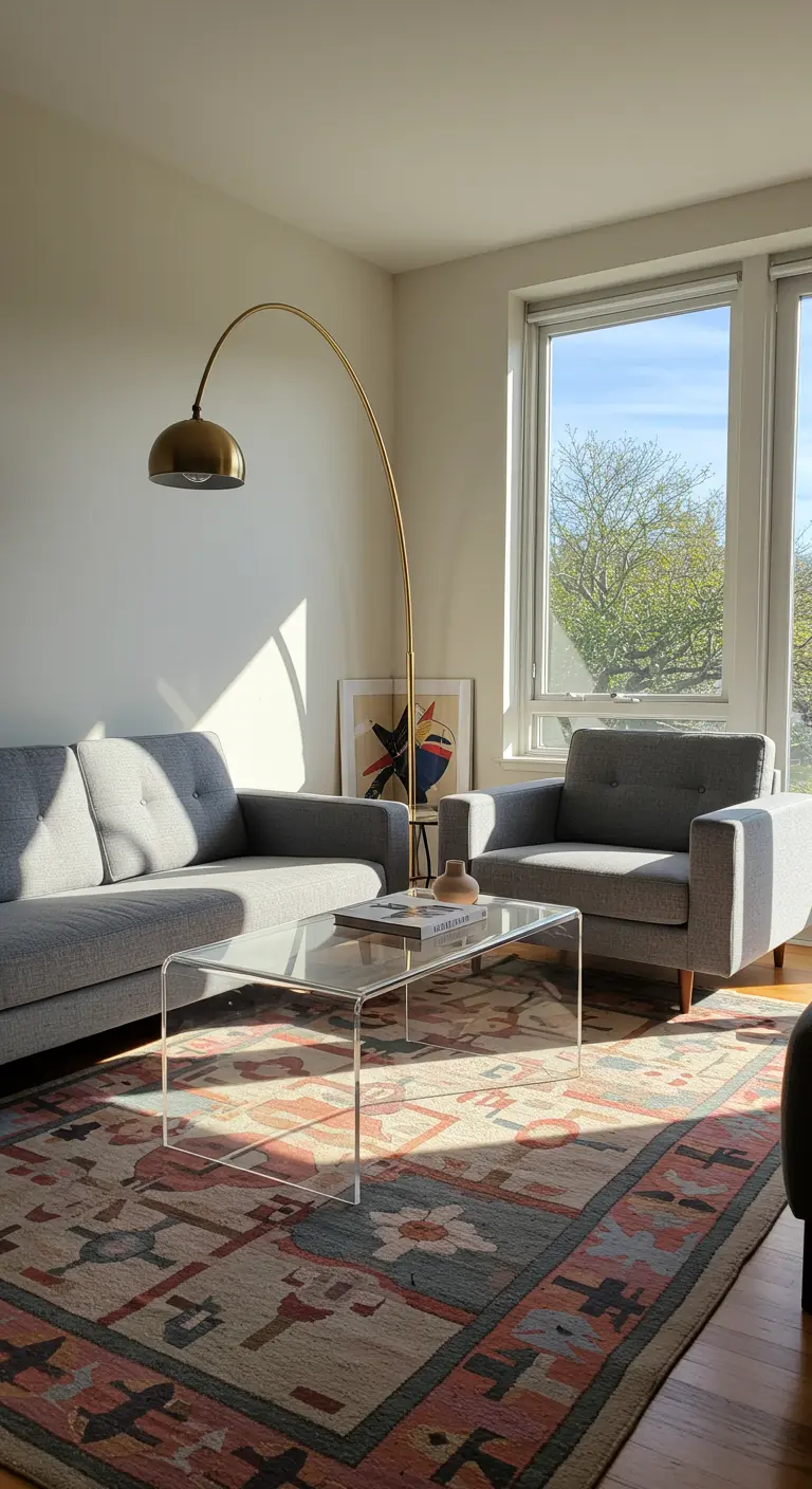 Sala de estar soleada con un sofá gris, una mesa de centro de acrílico y una lámpara de arco dorada