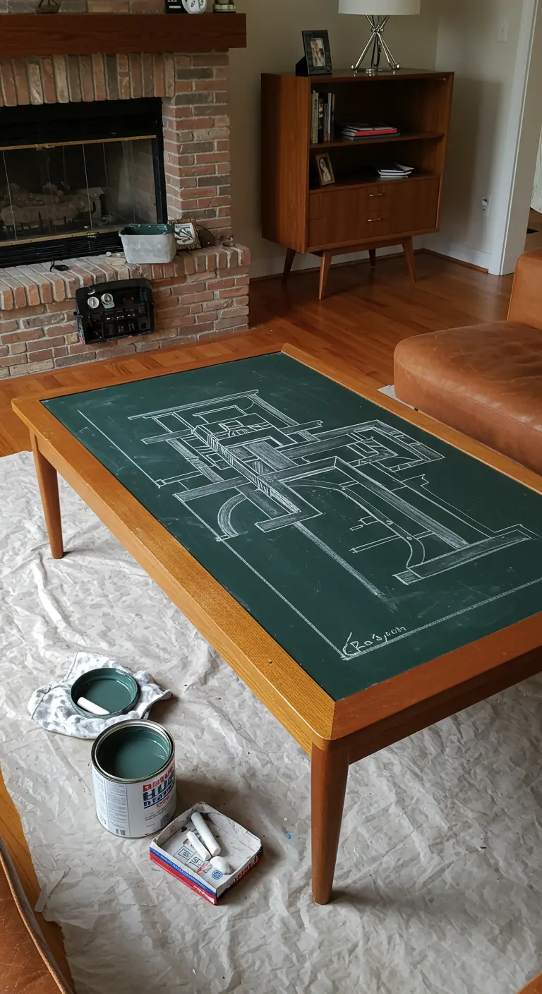 Mesa de centro de madera con un plano arquitectónico dibujado en su superficie de pizarra verde.