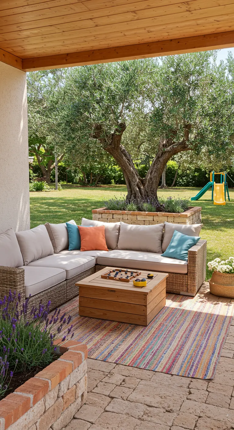 Zona de estar en un patio con un sofá de exterior y una mesa de centro hecha de palets.
