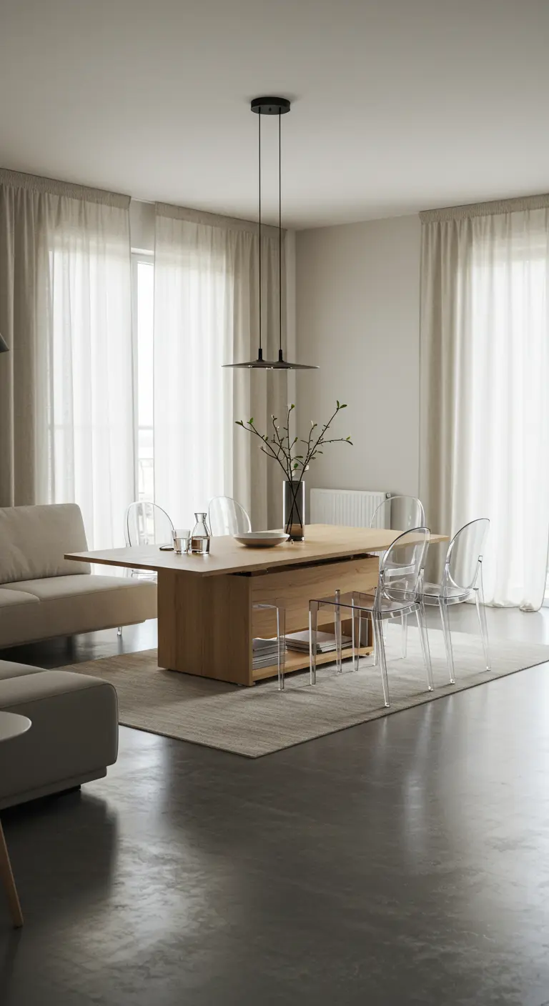 Mesa de centro de madera elevable convertida en mesa de comedor en un salón moderno.