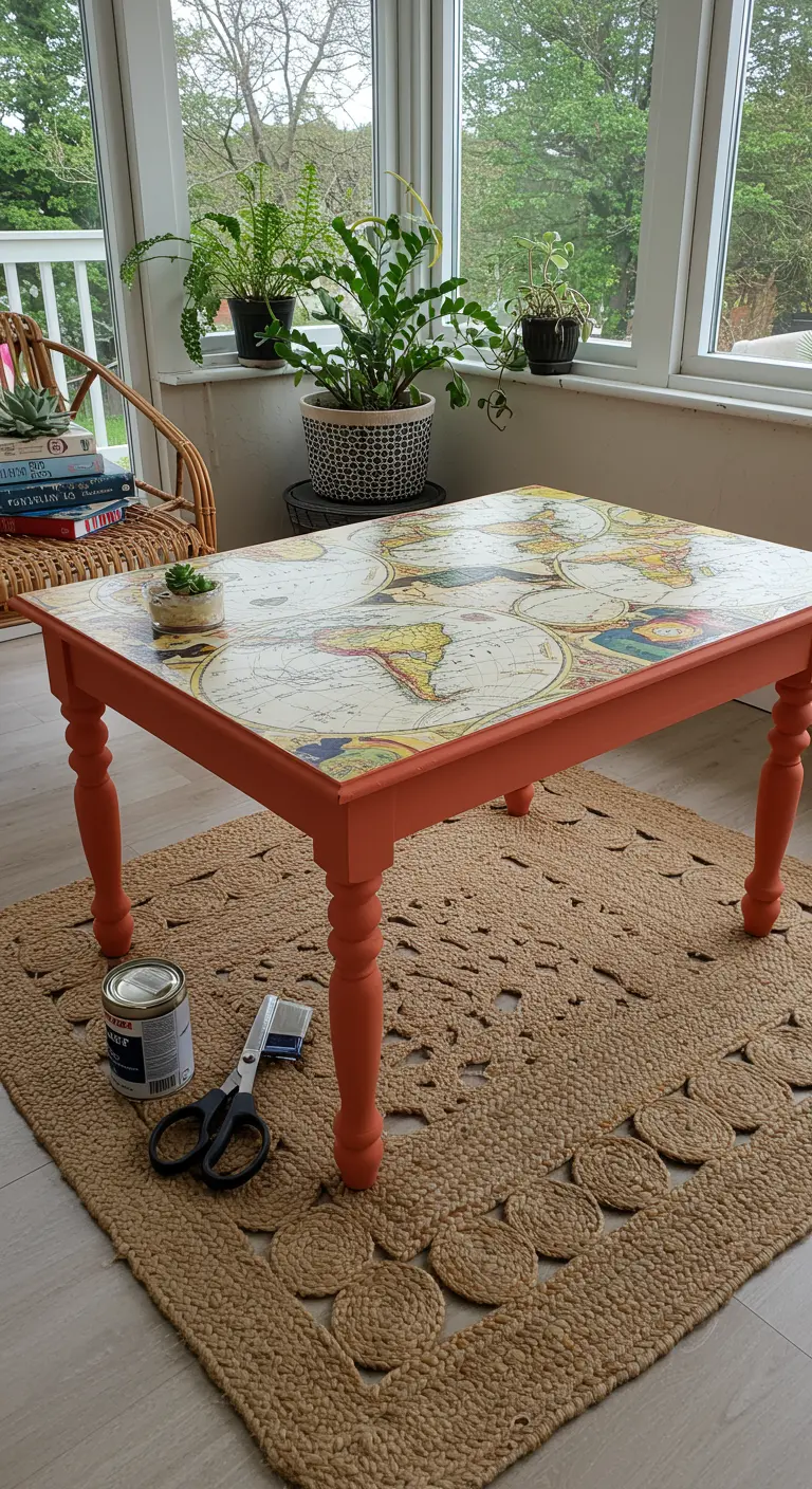 Mesa de centro cuadrada con patas de color coral y la superficie cubierta con un mapa del mundo de estilo vintage.