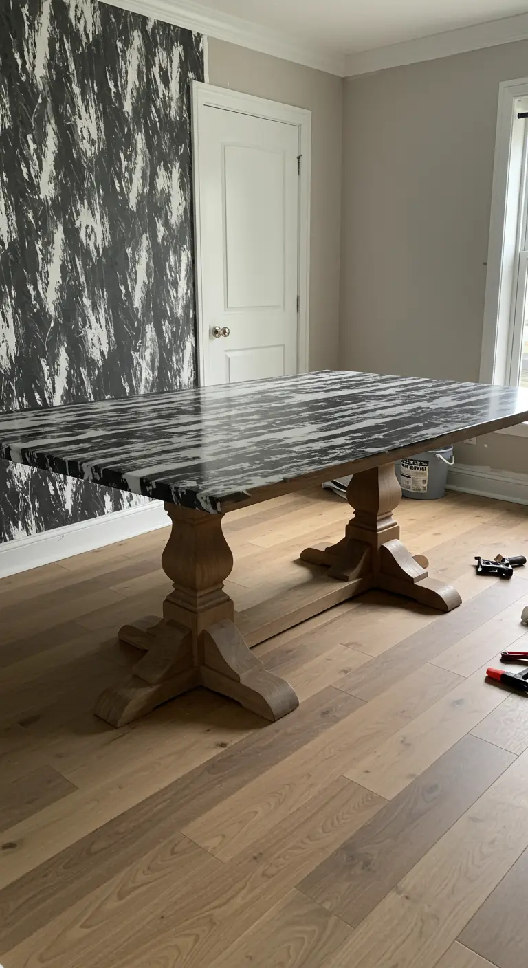 Mesa de comedor grande con robustas patas de madera natural y un tablero forrado con vinilo de imitación de mármol negro con vetas blancas.