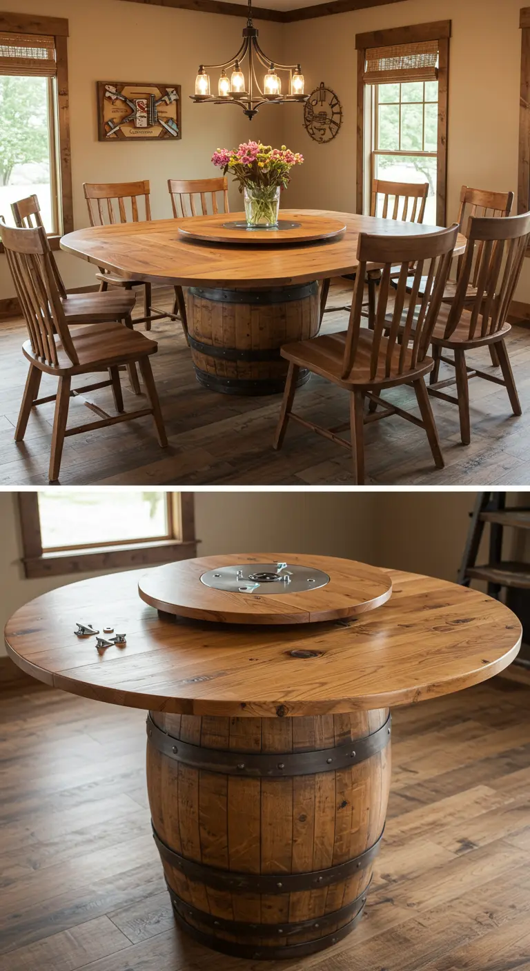 Gran mesa de comedor redonda de madera con base de barril y un centro giratorio