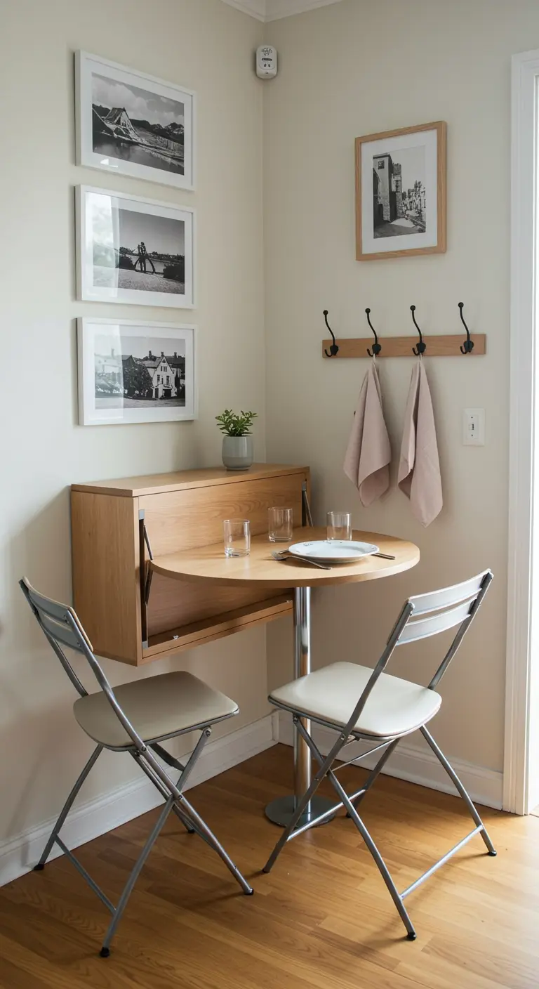 Mueble de pared de madera que se abre en una mesa de comedor redonda con sillas plegables.