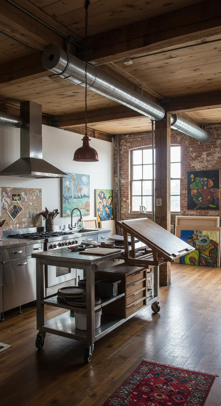 Carrito de cocina industrial de metal con una superficie de madera que se puede inclinar.