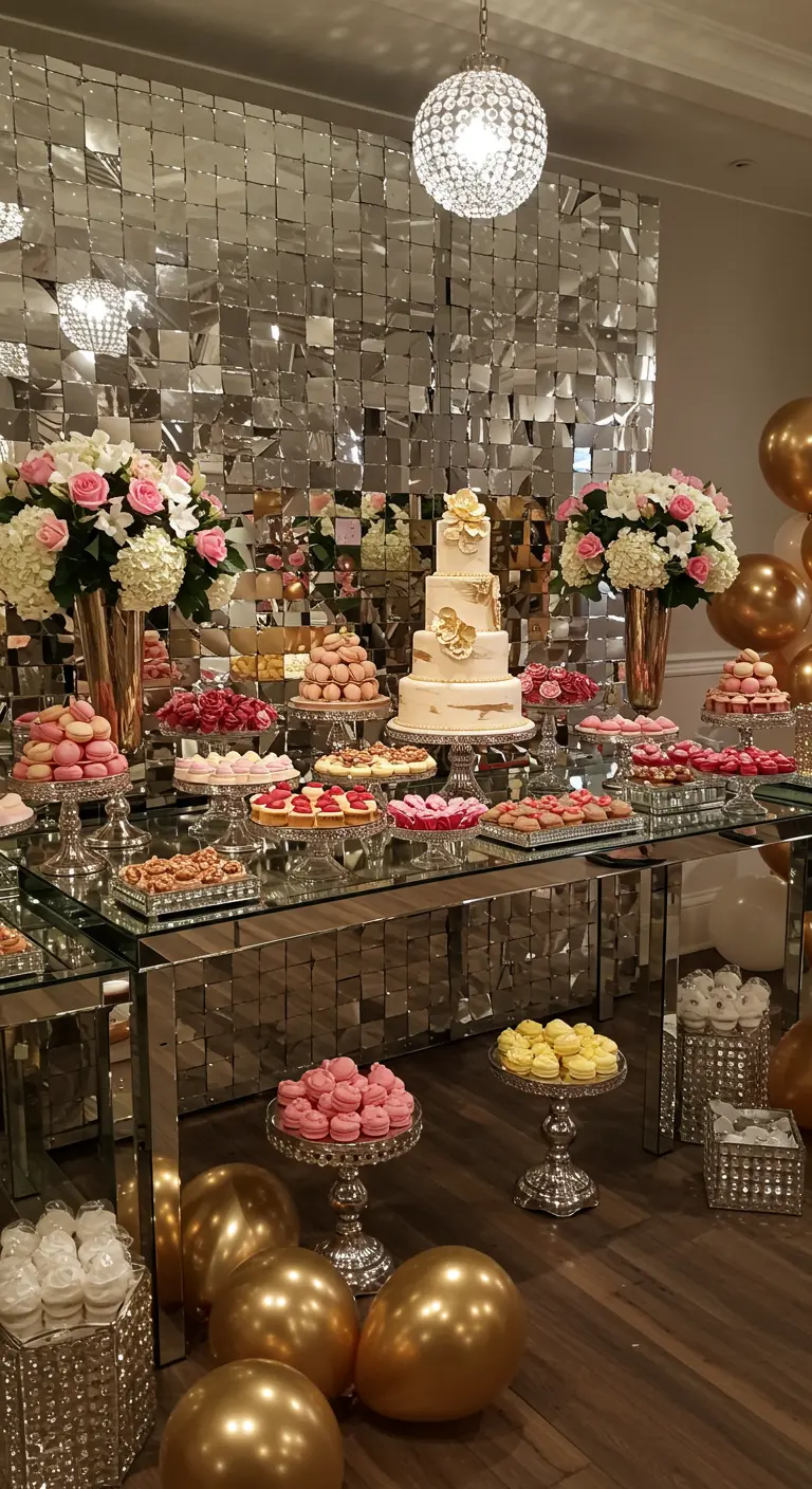 Mesa de postres con un fondo de mosaico de espejos, globos dorados y dulces rosas.