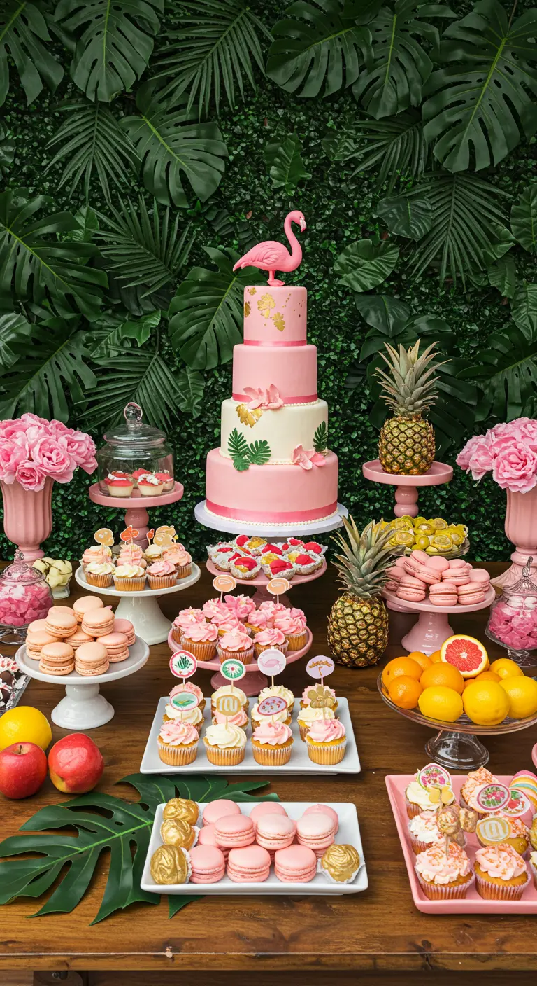 Mesa de dulces tropical con un pastel de flamenco, macarons rosas y piñas doradas.