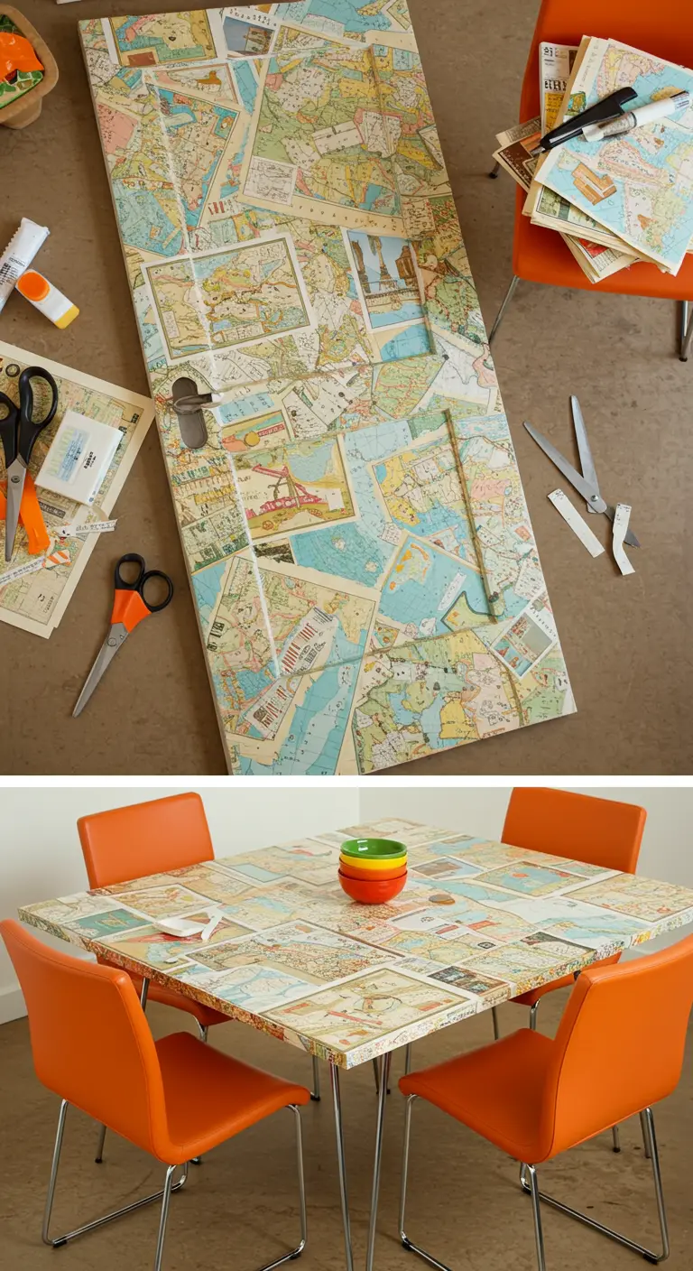 Mesa de comedor DIY decorada con un collage de mapas antiguos y rodeada de sillas naranjas.