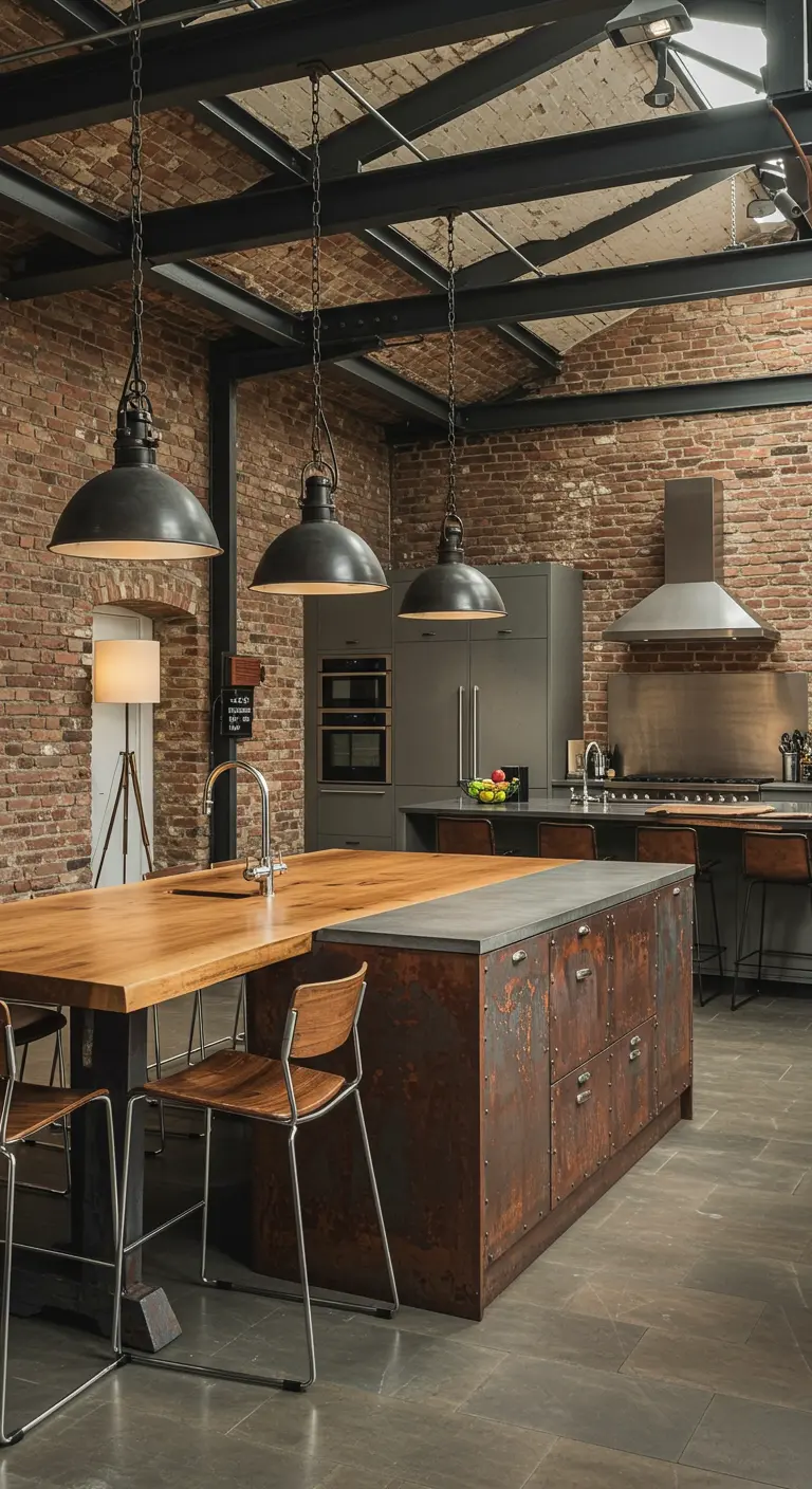 Gran cocina de estilo loft con una isla que combina una zona de acero y una mesa de madera.