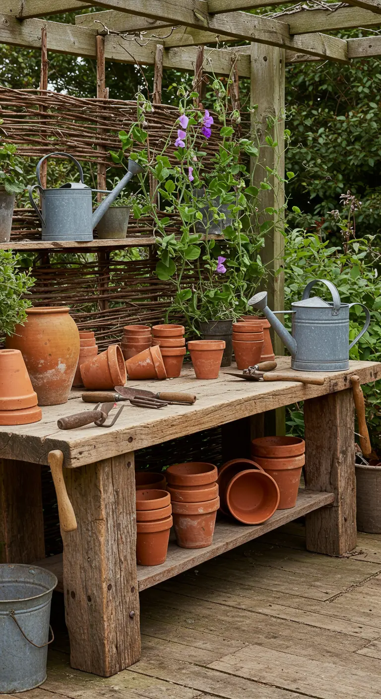 Mesa de trabajo de jardinería de madera rústica con macetas de terracota y herramientas