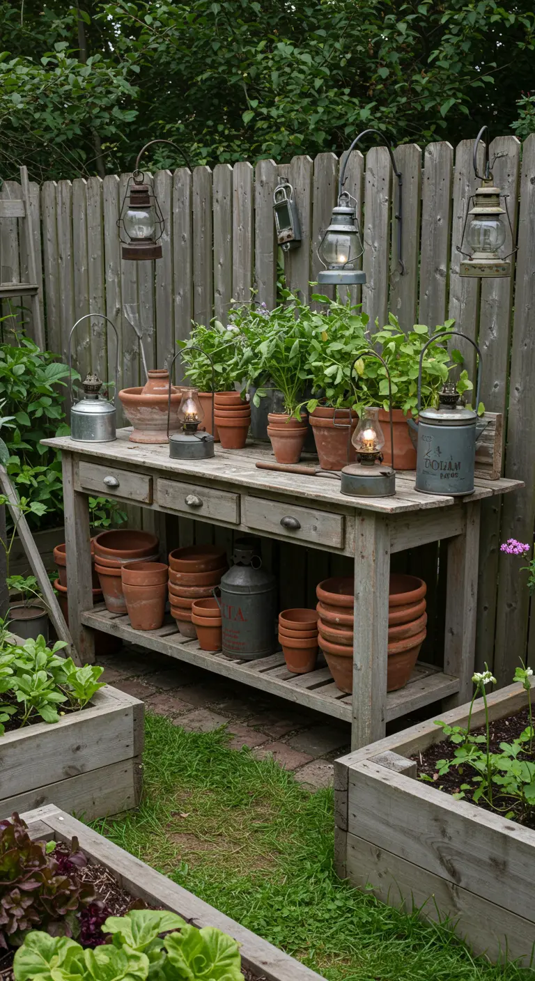 Mesa de trabajo de madera en un huerto, llena de macetas, plantas y lámparas de aceite antiguas