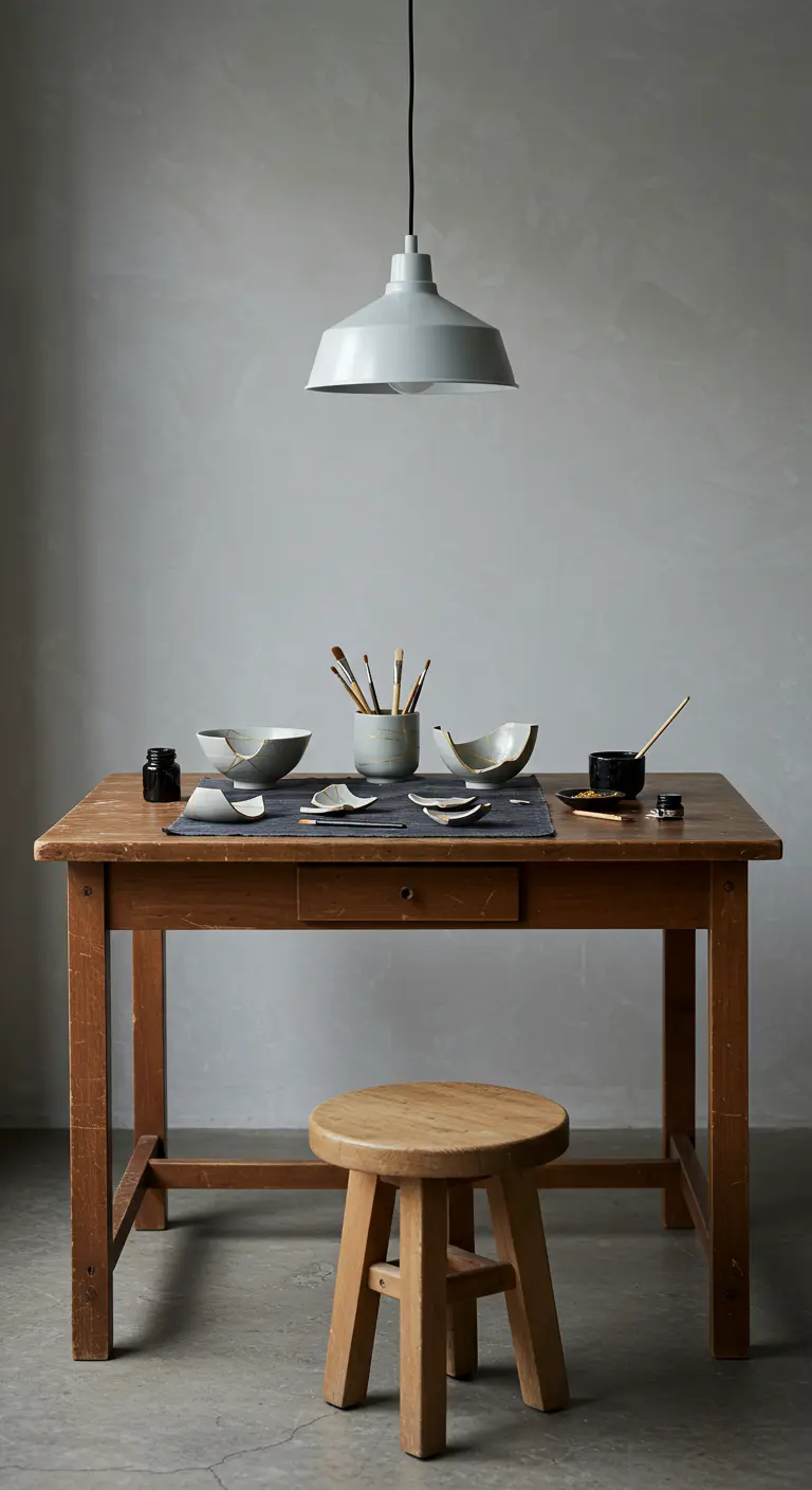 Mesa de trabajo de madera rústica con cuencos de cerámica y una lámpara industrial colgante
