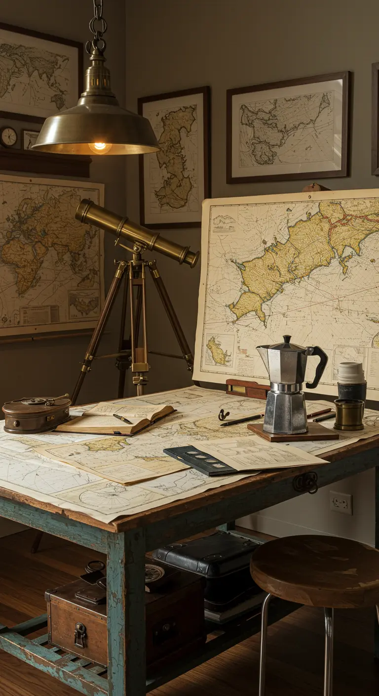 Mesa de cartógrafo cubierta de mapas antiguos con un telescopio de latón.