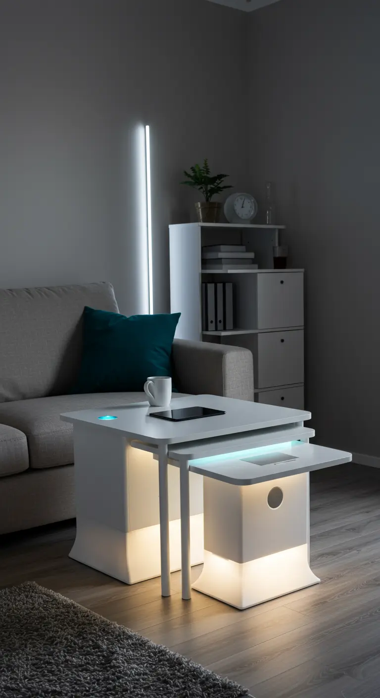 Mesas nido blancas de diseño futurista con iluminación LED integrada en la base