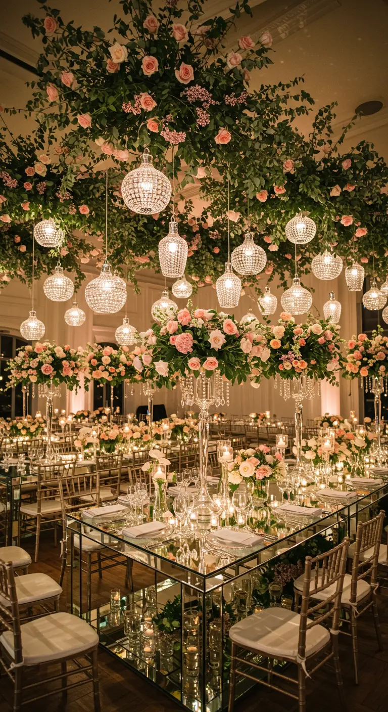 Mesa de boda cuadrada completamente cubierta de espejos, reflejando las flores y las luces colgantes.