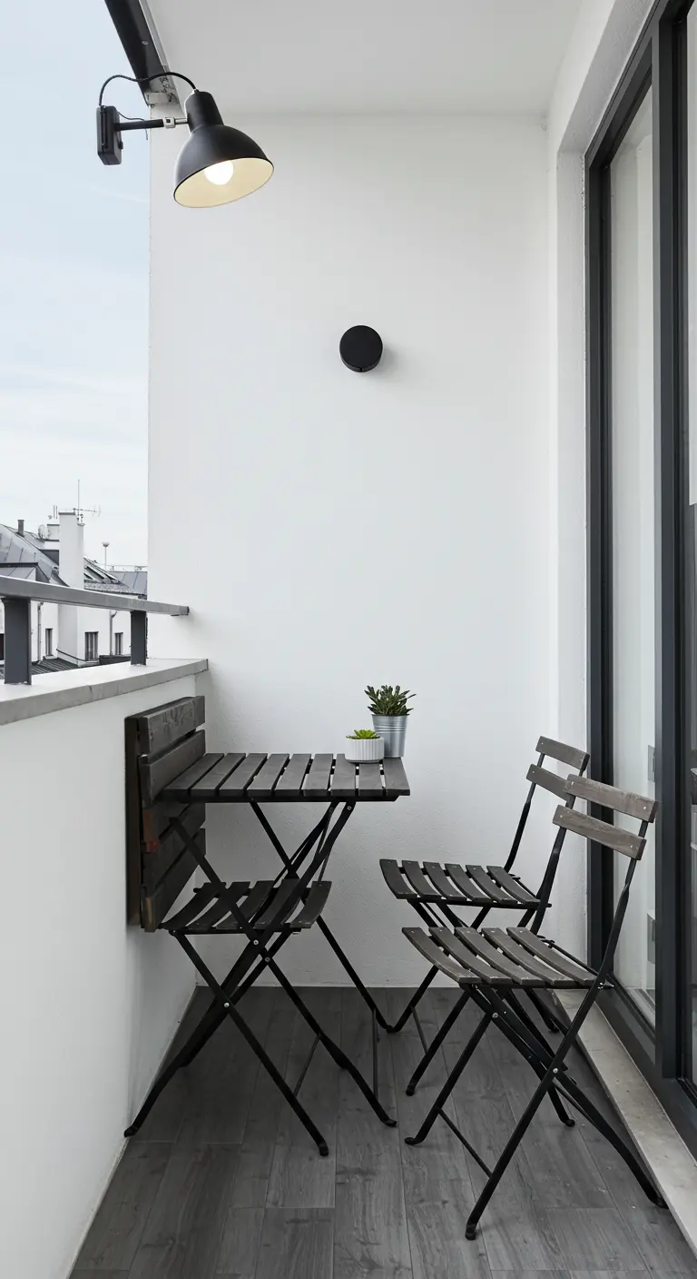 Balcón estrecho con una mesa plegable de madera negra y sillas a juego contra una pared blanca.
