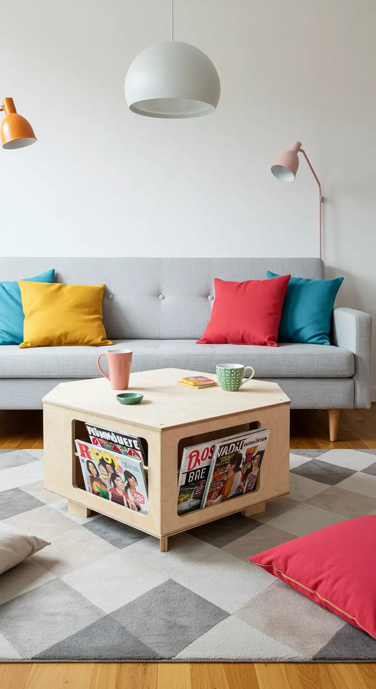 Mesa de centro hexagonal de madera contrachapada con ranuras para guardar revistas.