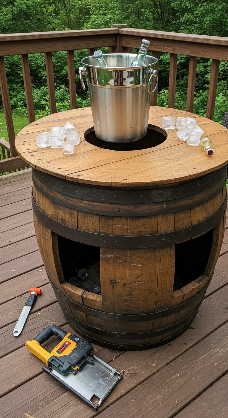 Mesa de exterior con base de barril y una cubitera llena de hielo y bebidas en el centro