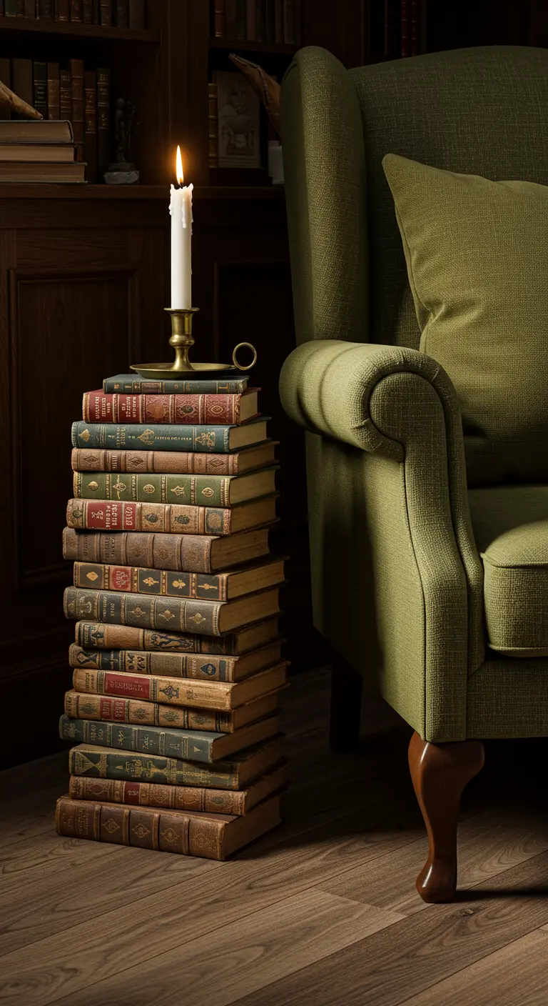 Pila de libros antiguos utilizada como mesa auxiliar para una vela junto a un sillón verde.